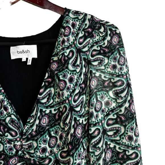 ba&sh Fanny Ruched Mini Dress Size Large Womens Green Paisley Retro V-neck - Picture 5 of 9